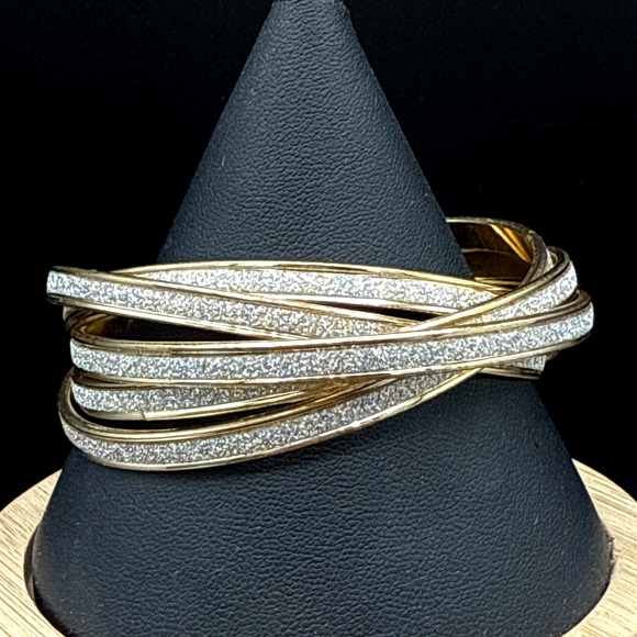 Monet Bracelet Size 7.5 Faux Druzy Inlay 5 Linked Bands Gold Tone Bangle w/ Box - Picture 1 of 9